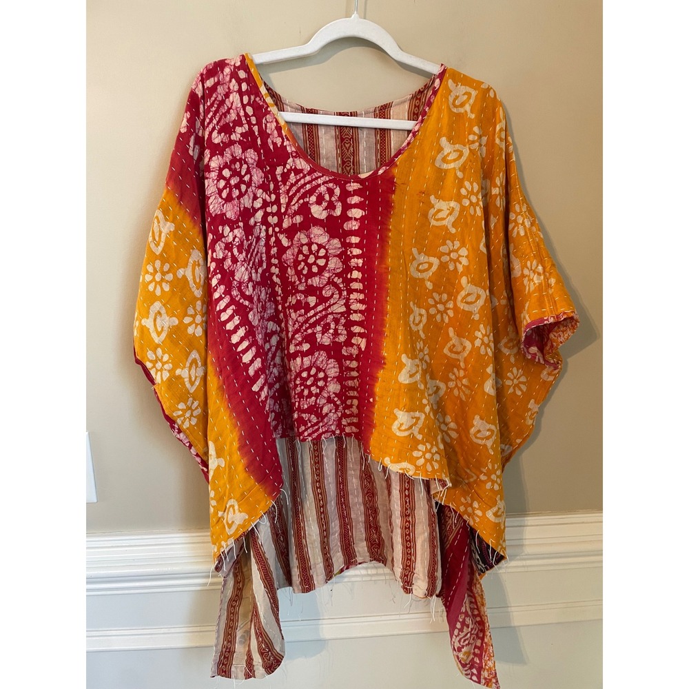 Renew Vintage L-XL Handmade Kantha Bohemian Patchwork Kaftan Top Reversible NWT